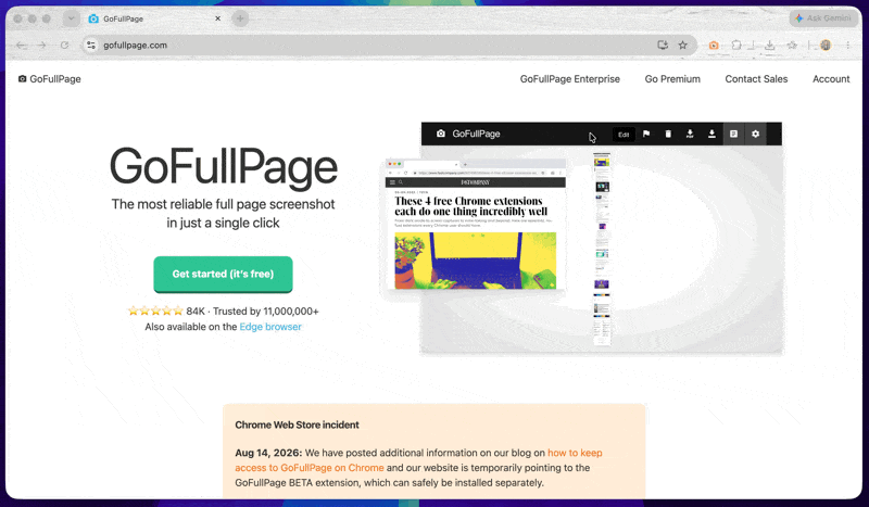 Animated demo of Full Page Capture screenshotting the GoFullPage homepage