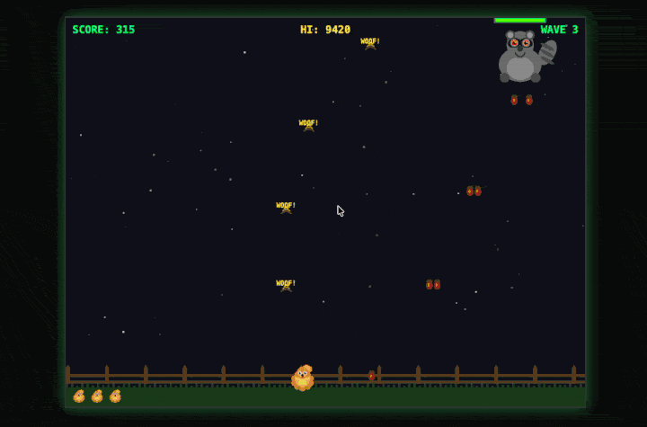 Animated gameplay of Kiwi Bark Blaster — Kiwi firing WOOF! barks at a boss during wave 3